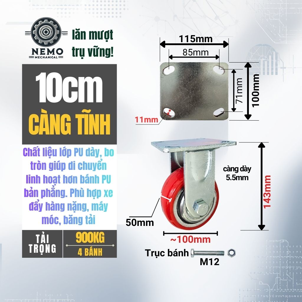 Bánh Xe PU Bo Tròn Tải Nặng – Kiểu Hàn Quốc, Xoay Hướng Linh Hoạt (D100 - D200)